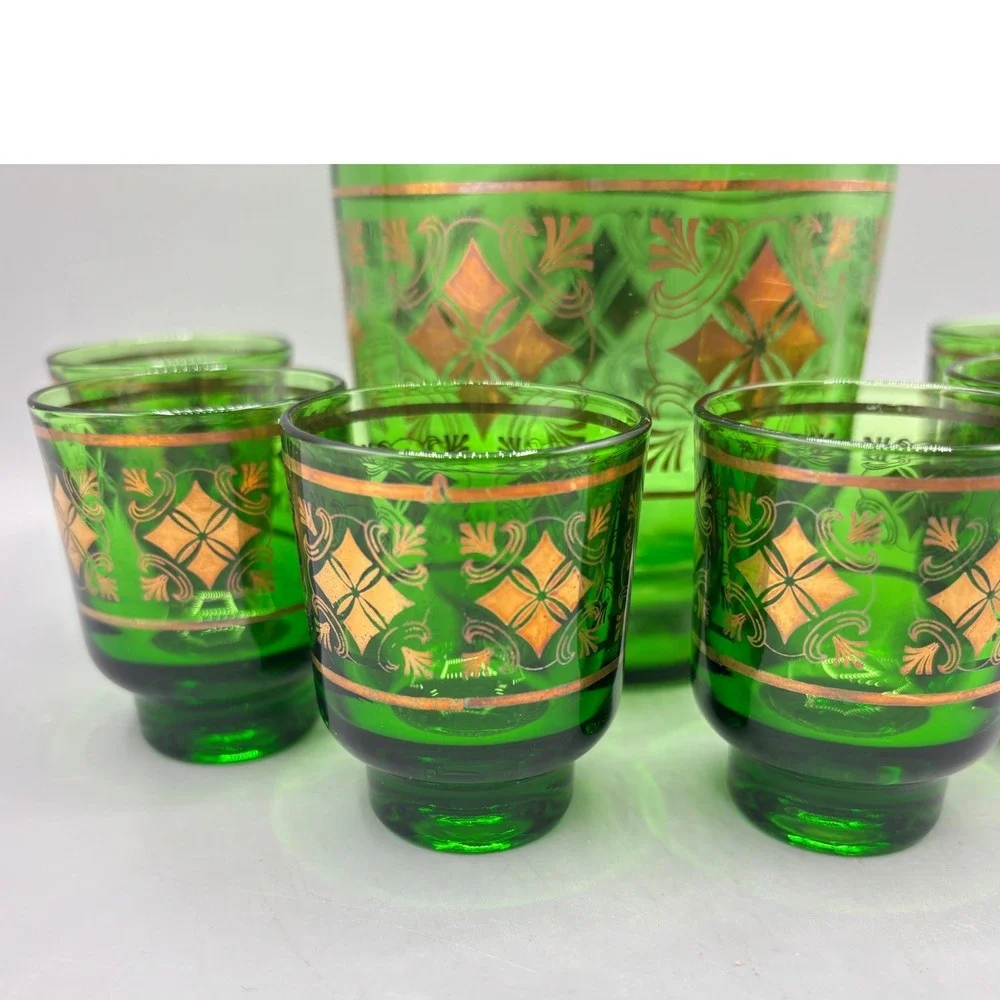 Vintage Green Glass Decanter Set 6 Shot Glasses Gold Geometric Pattern MCM EMPTY